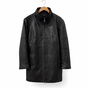 DANIER Leather Jacket Black Zip Front Long Leather Coat Minimalist Moto Classic